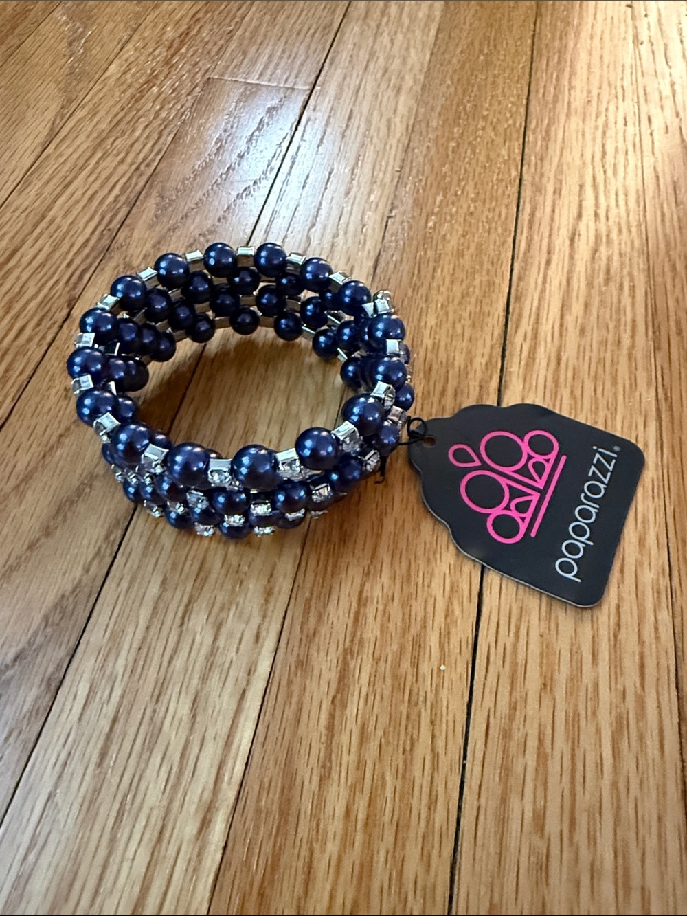 Paparazzi Navy Pearl and Rhinestone Coil Cuff Bracelet